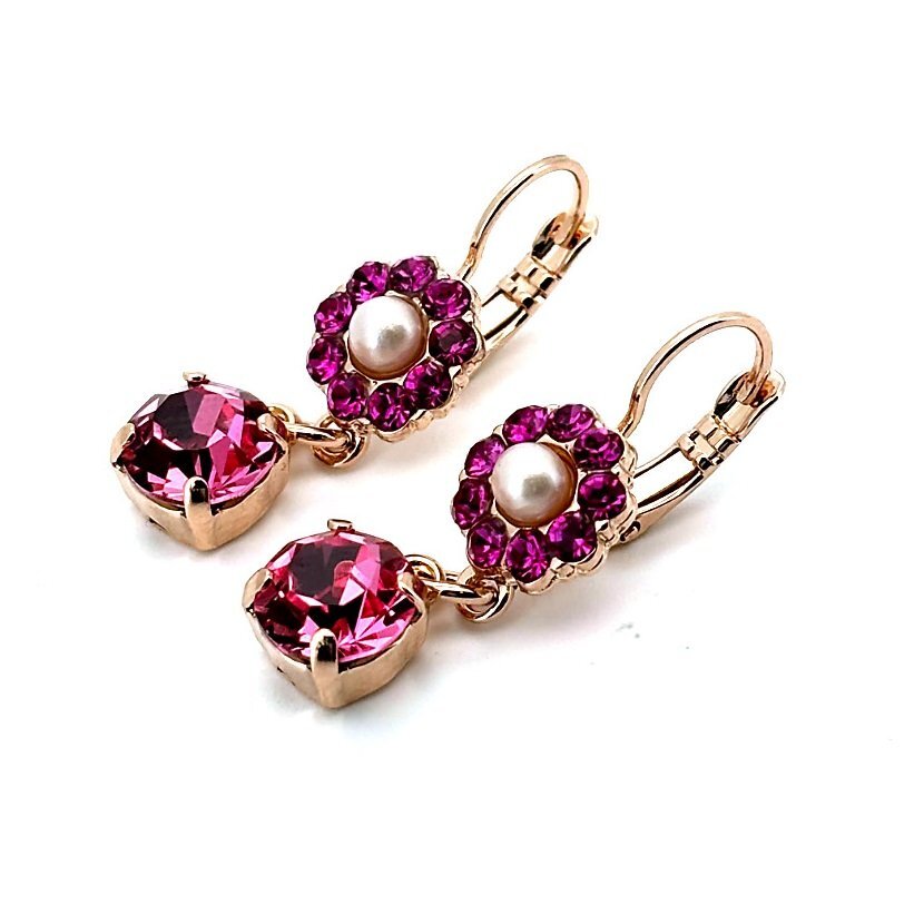 Mariana Floral Rose Pearl Dangling Earrings with Swarovski Crystals-image