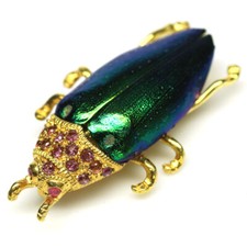 925 Sterling Silber Roter Rubin & Juwel Käferflügel Brosche 18K Vergoldet