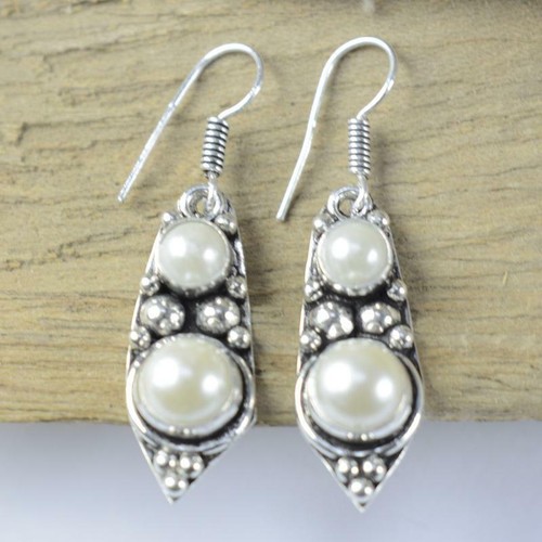 Boucles D'oreilles Femme Argent 925, Perle Naturelle Cabochon, Fait Main Inde