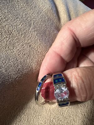 Delicate White Faux Sapphire Stone With Blue Stones Accents Set In Size 7