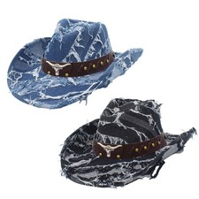 Mens Womens Retro Western Steer Head Rivet Strap Ragged Cowboy Costume Jean Hat