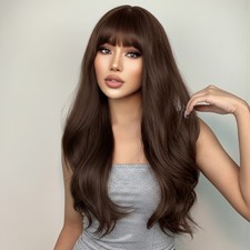 Long Wavy Choc Brown Synthetic Hair Soft Cosplay Party Wig With Bangs
