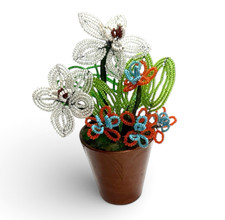 Vintage 6 French Glass Seed Hand Beaded Flowers  Leaves in Pot