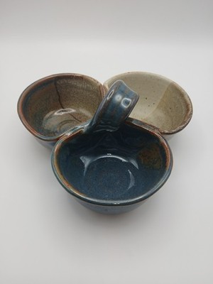 Studio Art Pottery Condiment  Bowl Drip Glaze Three Sections Artist Signed 