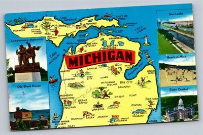 Vintage Michigan Map Postcard with Soo Locks & Landmarks, Paul Bunyan Co.