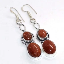 925 Silver Plated Long Goldstone Earrings 2.2" Exquisite Jewelry Trendy JW