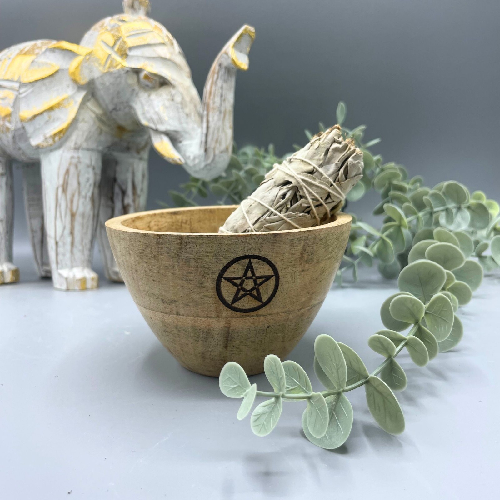 Wooden Smudge Bowl Pentagram Ritual Offering Bowl Altar Incense Herb Dish 11x7cm