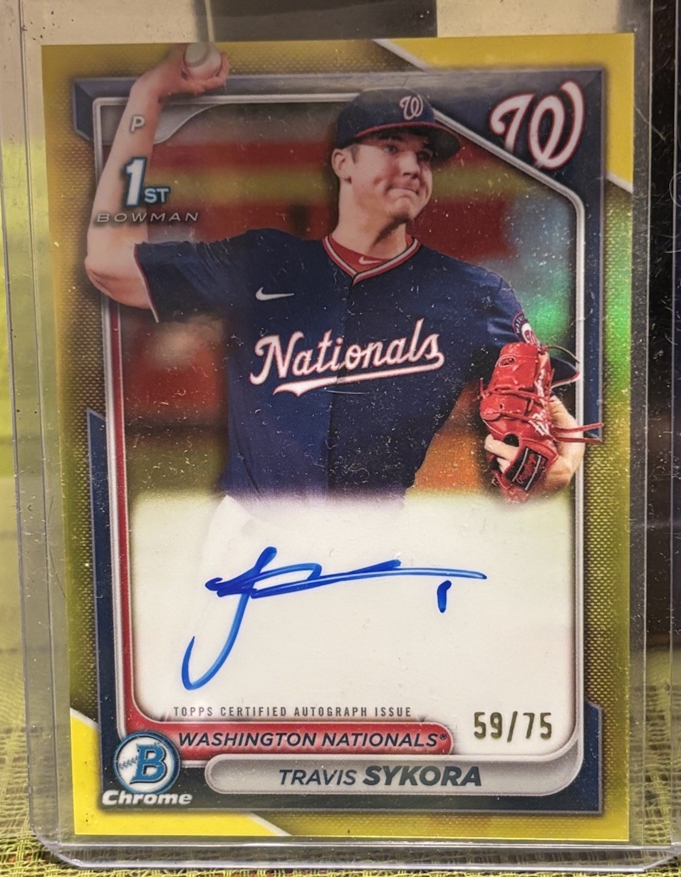 2024 Bowman Chrome Prospects Travis Sykora 1st Bowman Yellow Auto /75 On Card