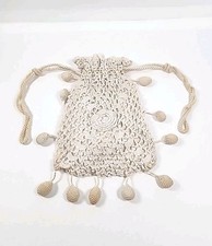 Antique 1920's Crochet Reticule Drawstring Pouch Bag Purse Silk Lined Beige BT