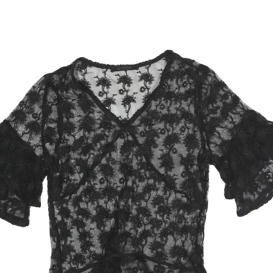 ALL SAINTS Mujer Negro Encaje Estampado Top Manga Corta Cuello en V Reino Unido 8 Elegante Foto 2 de 4