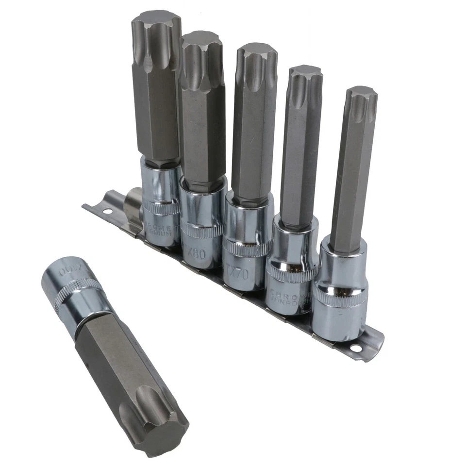 6pc 1/2" Drive T55-T100 Star Torx Socket Bit Set Ratchet Torque 100mm Long TE283 - Image 3 of 4