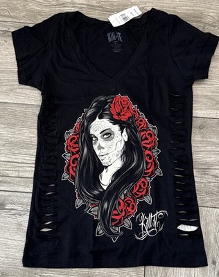 2012 Kill It Clothing Day of Dead Laser Cut Sides Juniors T-Shirt Tattoo DOD NEW