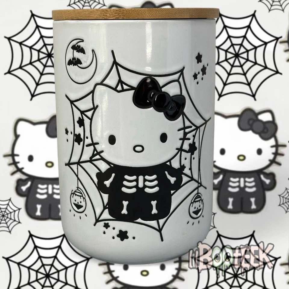 Hello Kitty Halloween Black and White Skeleton Spider Web Viral Ceramic Jar - Image 2 of 4