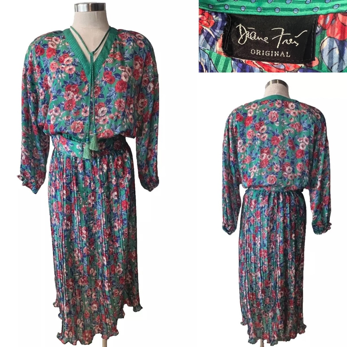 DIANA FREIS Green Georgette Stripe,Floral,Spot Pleat Skirt,Tie
