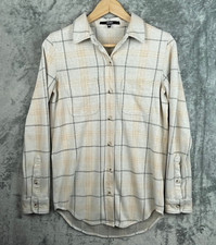 Quince Button Up Shirt Womens XS Gray Peach Plaid Top Long Sleeve Fleece Flannel