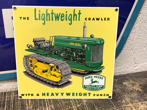 VINTAGE "JOHN DEERE LIGHTWEIGHT CRAWLER" PORCELAIN ADVERTISING SIGN (10"x 10")