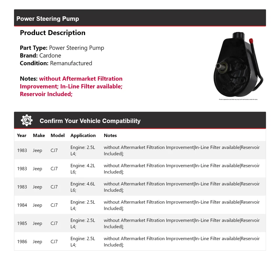 For 1983-1986 Jeep CJ7 Power Steering Pump Cardone 1984 1985 - Image 2 of 4