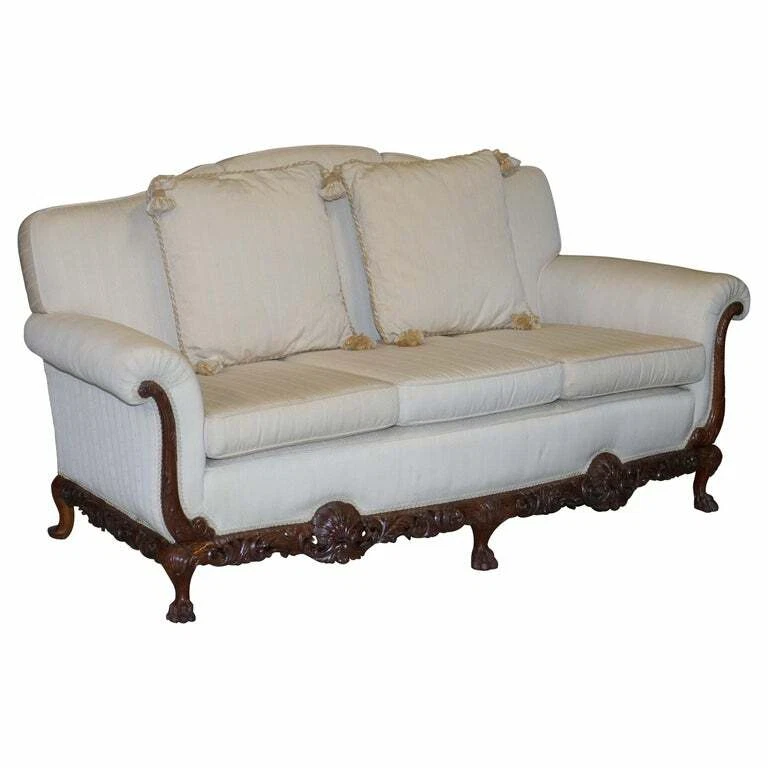 PART OF LARGE SUITE ORNATELY CARVED WALNUT LION HAIRY PAW FEET THREE PERSON SOFA