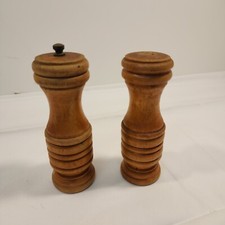 Vtg MCM Turned Light Grain Wood Salt Shaker  Pepper Mill Set