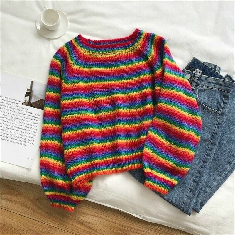 Lady Rainbow Striped Sweater Pullover 