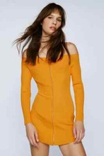 NastyGal Gold Zip Through Knitted Mini Dress in Size 10