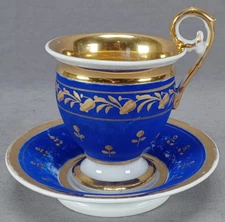 Old Paris Porcelain Gold Floral & Matte Blue Empire Form Cup & Saucer Circa 1815
