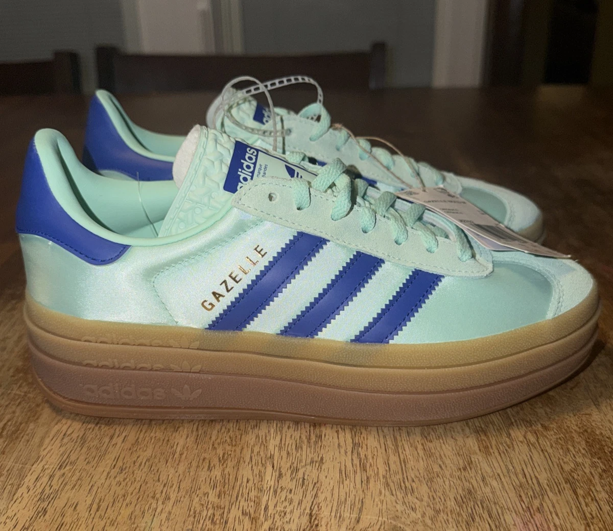 adidas Gazelle Bold Clear Mint Lucid Blue Satin W for sale | eBay