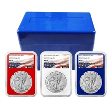 2024 (W) $1 American Silver Eagle 3pc Set NGC MS70 Flag Label Red White Blue
