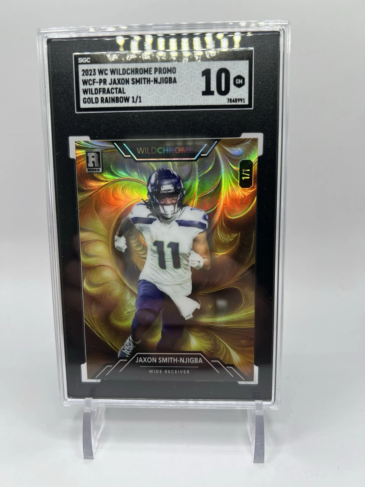 Jaxon Smith-Njigba Wild Card Wildchrome Pro-Look Wildfractal Promo #WCFPR Mosaic Foil-Purple 1/1