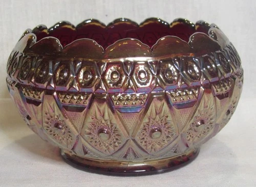 VTG Imperial Glass Ruby Red Carnival Lg Rose Bowl Diamond Lace Pattern GLOWS