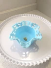 Fenton Glass Blue Satin Basket Weave Open Lace Vase Bowl Candy Dish