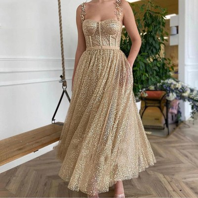 Custom Gold Sparkly PromDress Tulle Tea-Length Evening Dress For Women PartyGown