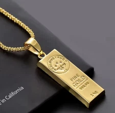 Men’s 18K Gold Bar Pendant Necklace Gold Plated Stainless Steel Chain Jewelry