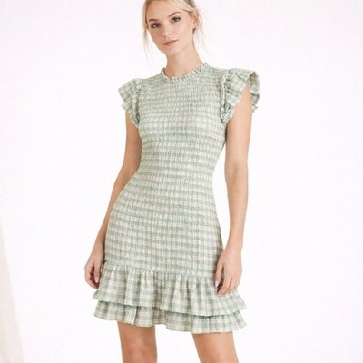 VERONICA BEARD Cici Smocked Seersucker Mini Dress in Green & Cream Gingham Sz 2