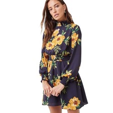 Forever 21 Contemporary Women Navy Yellow Floral Dress Long Slvs Chiffon Medium