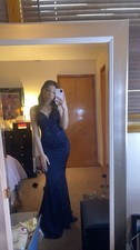 Faviana Embellished Long Satin Prom Dress in Navy Blue Size 2