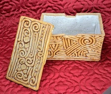 Studio Art Pottery Lidded Box Signed M. Manguson – Carved Tribal Design 6"x3"