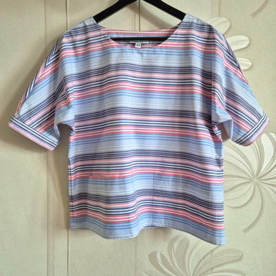 PETER HAHN Striped Short Sleeve Top, Boxy Fit Pink Blue White Blouse Size M