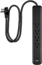4-Outlet Surge Protector W/ USB-C USB-A 3ft Braided Cord 490J Protection