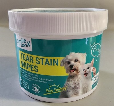 Tear Stain Wipes for All Dogs & Cats 100 Ct Tub Unscented Smile Den X Exp 10/27
