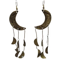 Crescent Moon Earrings Dangle Floral Laser Cut Brushed Gold Tone 3.5" Celestial