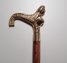 Brass Mermaid Victorian Handle Head Wooden Walking Stick Cane with big rubber