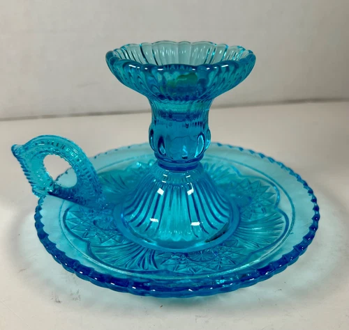 Vintage Candle Holder Turquoise Blue Glass 1902 by Sklo Union Zabkowice Poland