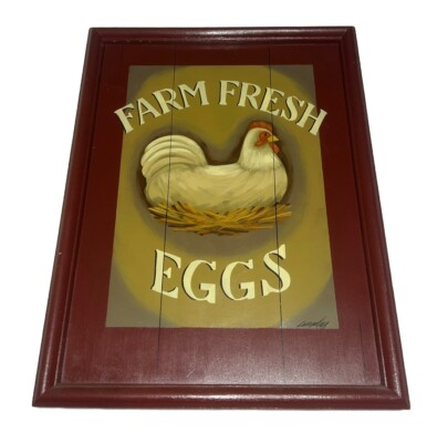 Farm Fresh Eggs Wood Plaque - Chicken Rooster Folk Art Joyce Langelier Designs