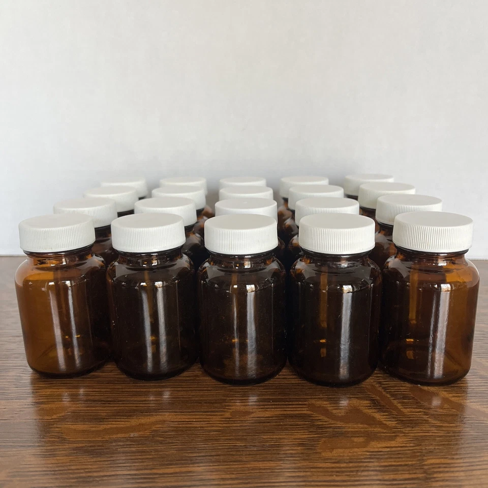 20 2oz Brown Amber Glass Pill Bottles Small Jars Round White Plastic Lids 3" - Image 2 of 4