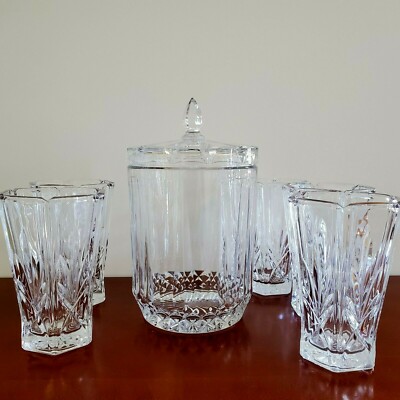 CRYSTAL ICE BUCKET/ BISCUIT BARREL W/LID & 5 CRYSTAL 6 1/4'' TALL TUMBLER GLASSES