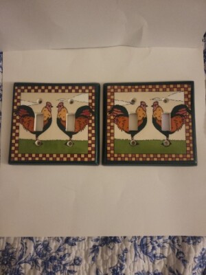 COUNTRY KITCHEN FARM HAND PAINTED ROOSTERS CHICKEN  2,  TOGGLE SWITCH PLATES