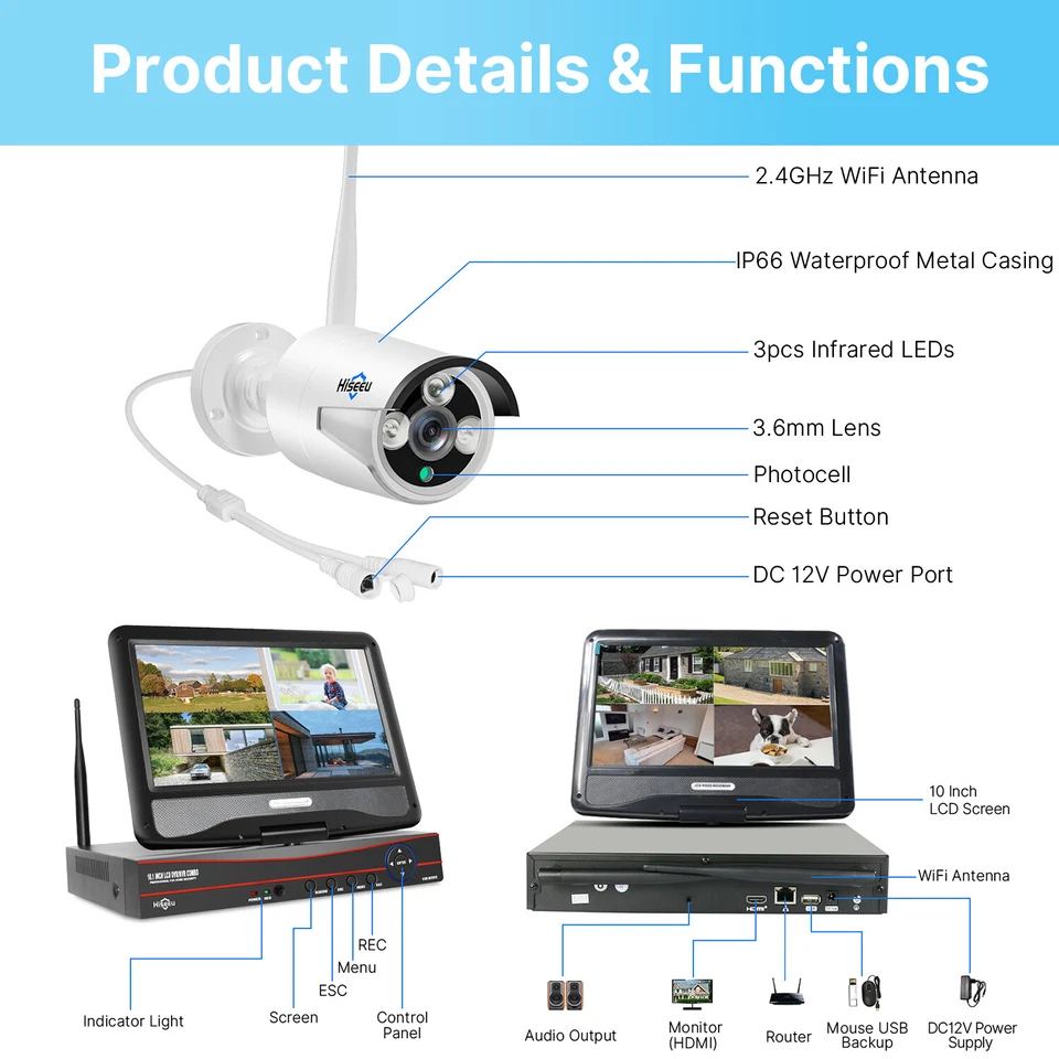 Система камер видеонаблюдения Hiseeu 5G Wi-Fi, наружные камеры 5 Мп, 10-дюймовый жидкокристаллический светодиодный сетевой видеорегистратор 10 каналов - Изображение 3 из 4