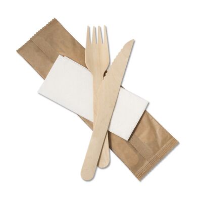 Zehnte Holz Besteck 3er Set 1 Messer 1 Gabel 1 weiße Papierserviette 2-lagig