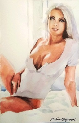 Original watercolor painting. Beautiful girl portrait. Minimalist erotic bedroom